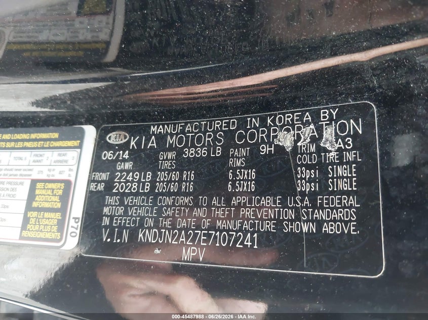 KIA SOUL 2014 VIN KNDJN2A27E7107241