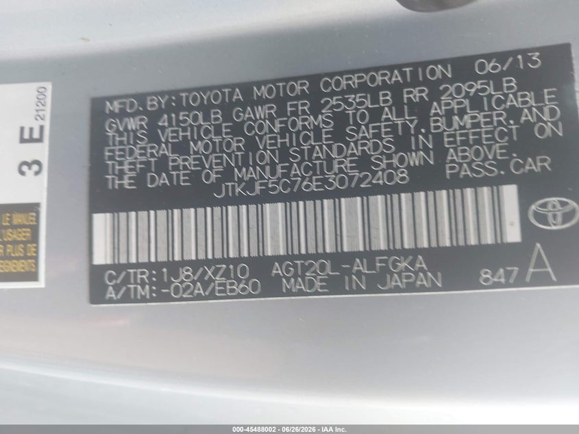 2014 Scion Tc 10 Series VIN: JTKJF5C76E3072408 Lot: 45488002