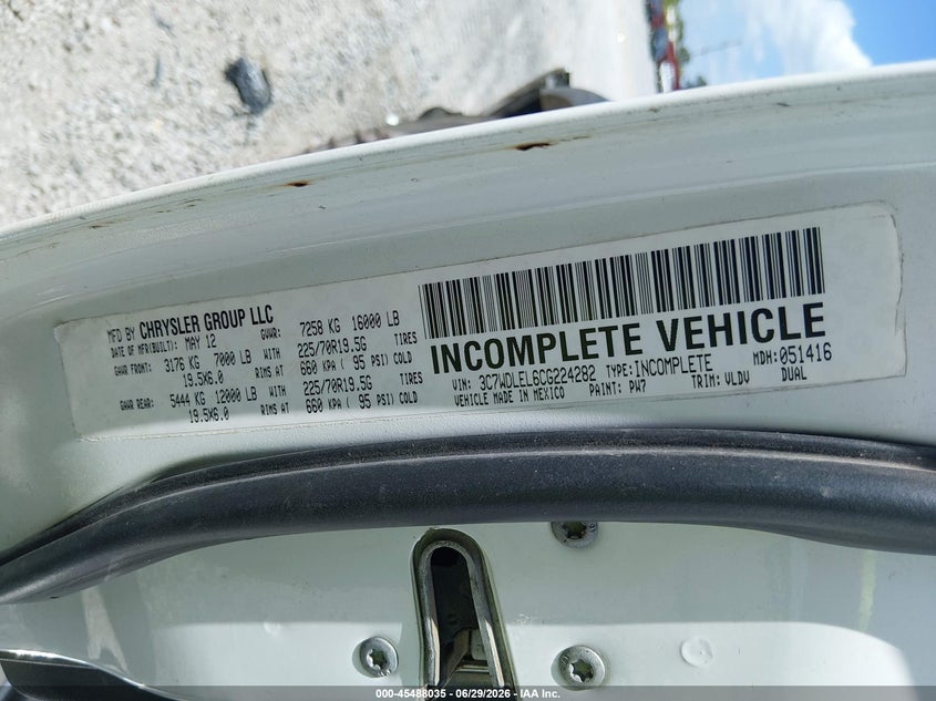 2012 Ram 4500 Chassis St/Slt/Laramie VIN: 3C7WDLEL6CG224282 Lot: 45488035