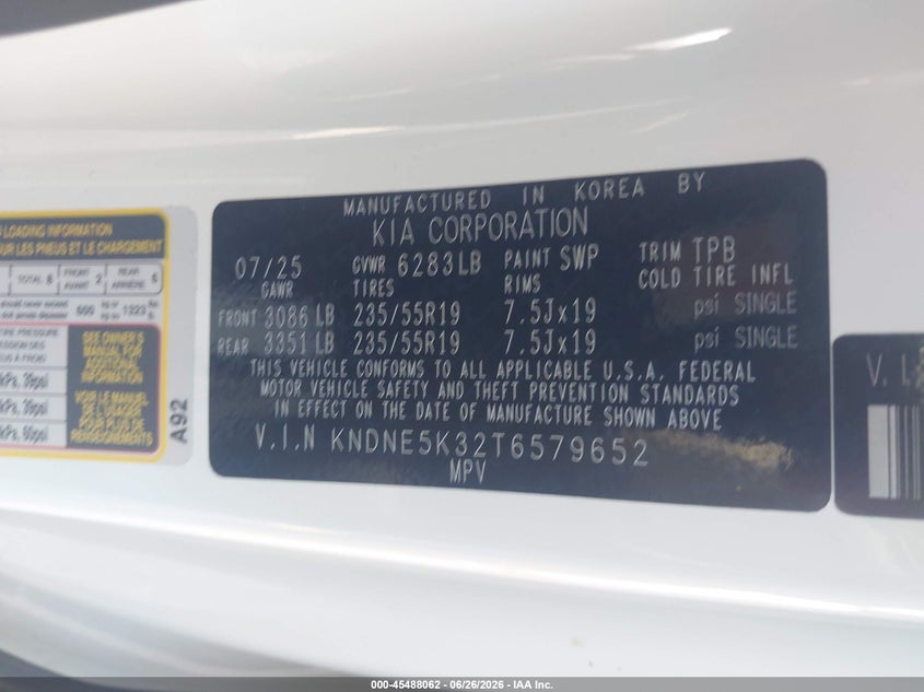 2026 Kia Carnival Mpv Sx VIN: KNDNE5K32T6579652 Lot: 45488062