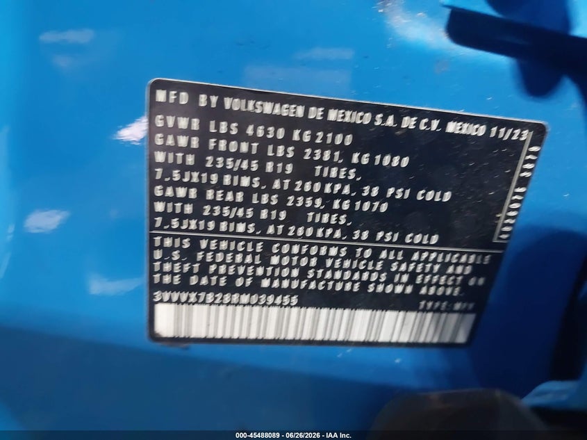 2024 Volkswagen Taos 1.5T Se VIN: 3VVVX7B28RM039455 Lot: 45488089