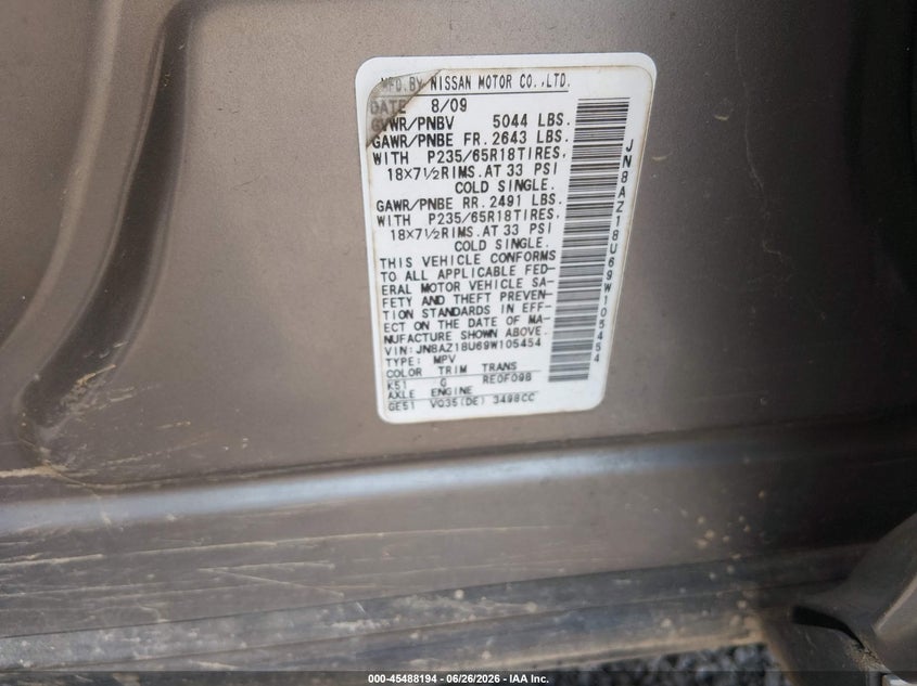 NISSAN MURANO 2009 VIN JN8AZ18U69W105454