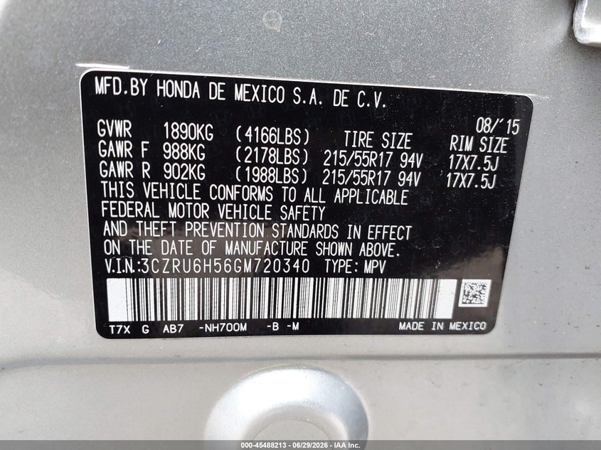 HONDA HR-V 2016 VIN 3CZRU6H56GM720340