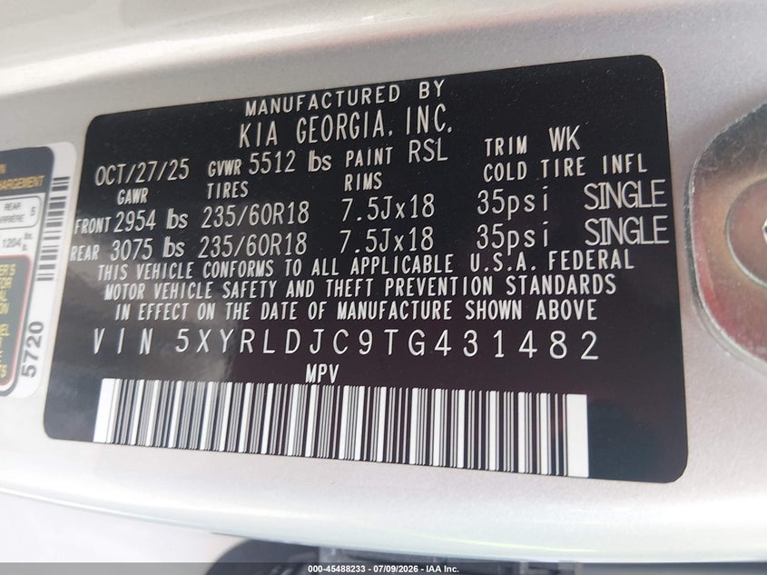 KIA SORENTO 2026 VIN 5XYRLDJC9TG431482