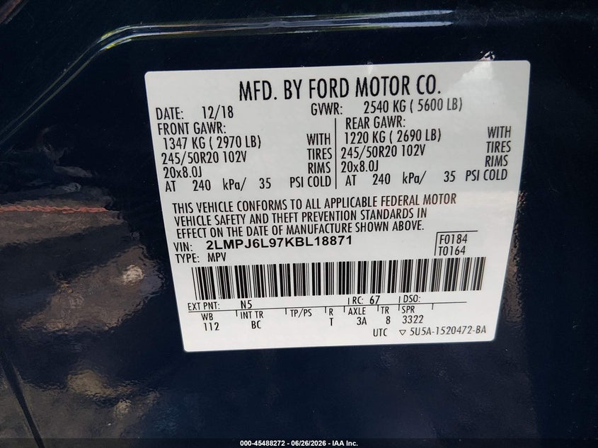 2019 Lincoln Nautilus Reserve VIN: 2LMPJ6L97KBL18871 Lot: 45488272