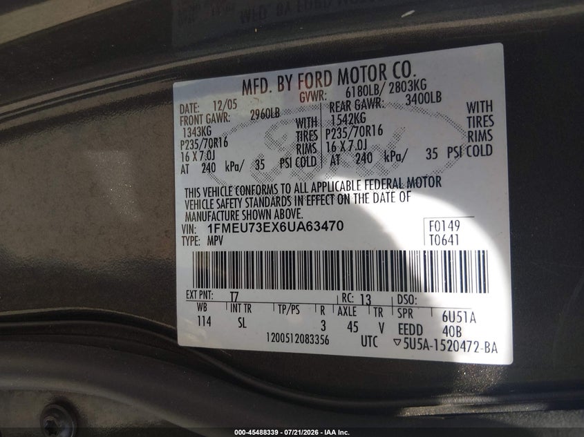 2006 Ford Explorer Xlt VIN: 1FMEU73EX6UA63470 Lot: 45488339