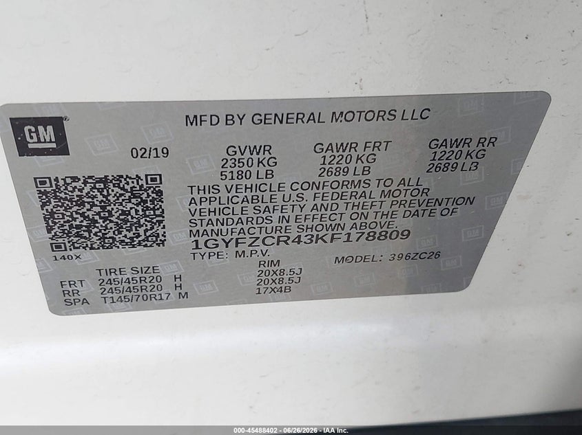 2019 Cadillac Xt4 Premium Luxury VIN: 1GYFZCR43KF178809 Lot: 45488402