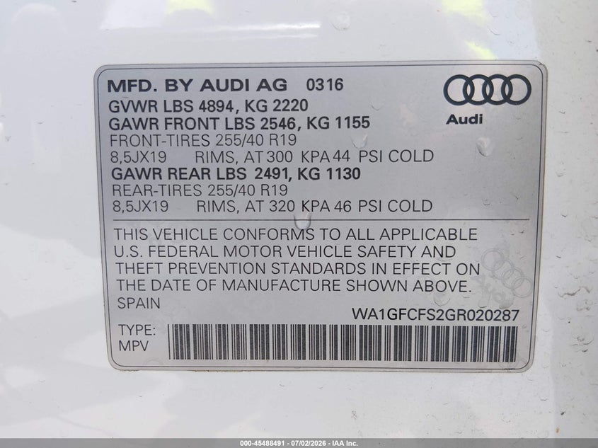 2016 Audi Q3 2.0T Premium Plus VIN: WA1GFCFS2GR020287 Lot: 45488491