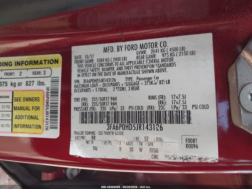2018 FORD FUSION SEDAN 1.5L I-4 DI, DOHC, VVT, TURBO, 181HP