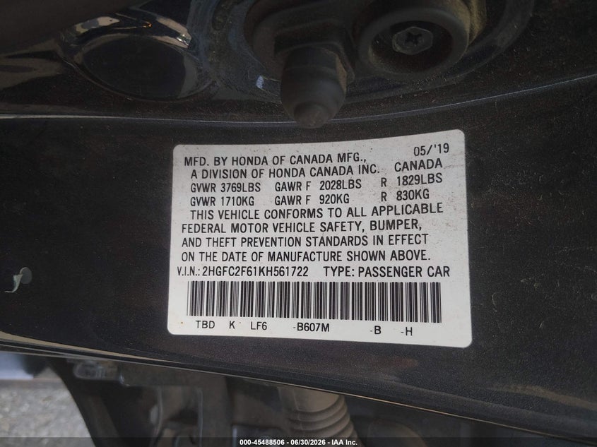 HONDA CIVIC 2019 VIN 2HGFC2F61KH561722