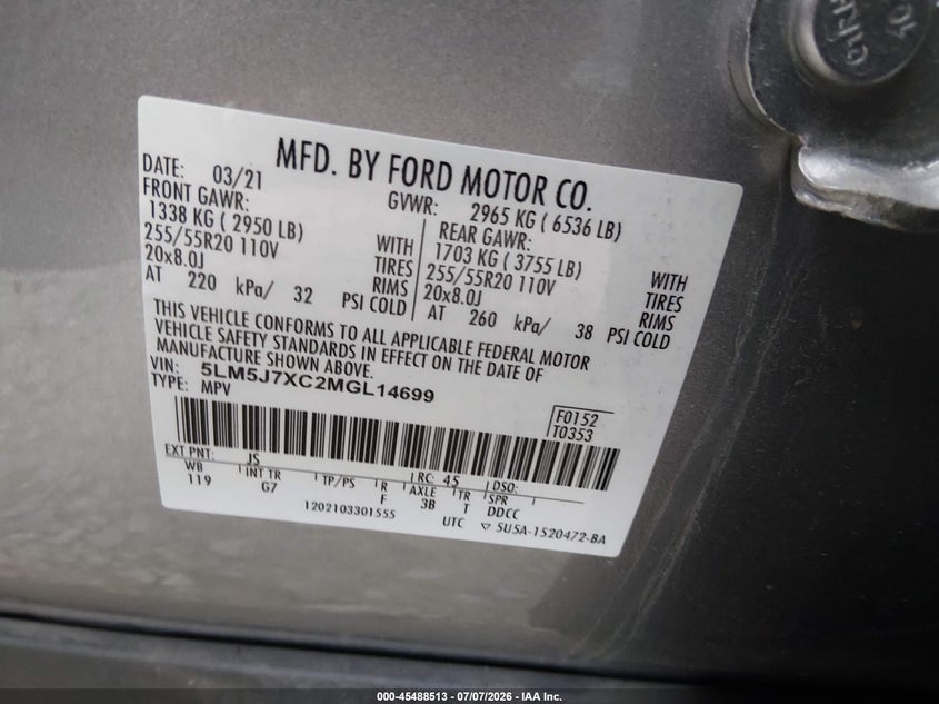2021 Lincoln Aviator Reserve VIN: 5LM5J7XC2MGL14699 Lot: 45488513