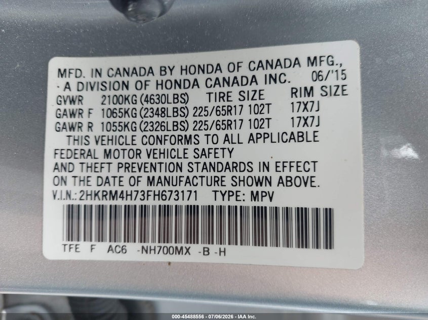 2015 HONDA CR-V SPORT UTILITY VEHICLE 2.4L I-4 DI, DOHC, VVT, 185HP