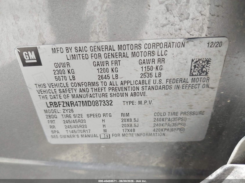 2021 Buick Envision Fwd Essence VIN: LRBFZNR47MD087332 Lot: 45488571