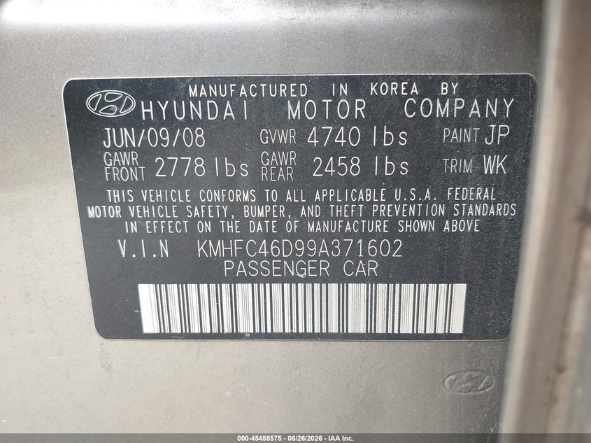 2009 Hyundai Azera Gls VIN: KMHFC46D99A371602 Lot: 45488575