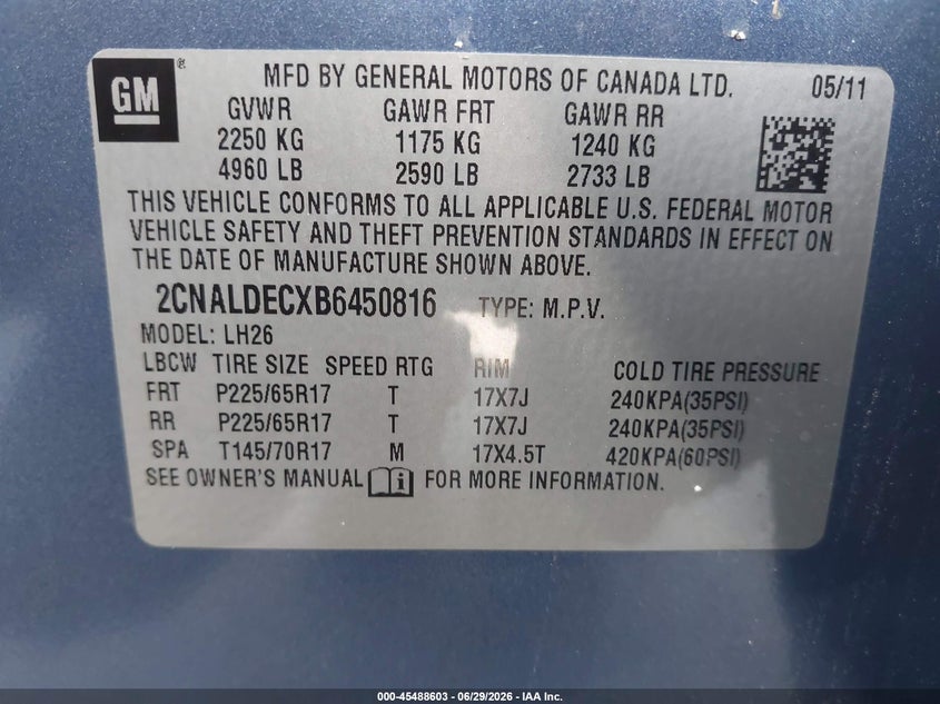 2011 CHEVROLET EQUINOX SPORT UTILITY VEHICLE 2.4L I-4 DI, DOHC, VVT, 182HP
