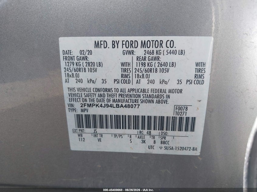 2020 FORD EDGE SPORT UTILITY VEHICLE 2.0L I-4 DI, DOHC, VVT, TURBO, 250HP