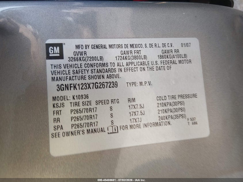 2007 Chevrolet Avalanche 1500 Lt VIN: 3GNFK123X7G267239 Lot: 45488681