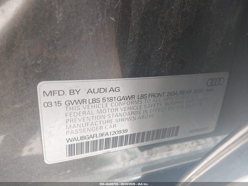 2015 Audi S4 3.0T Premium Plus VIN: WAUBGAFL9FA120939 Lot: 45488704