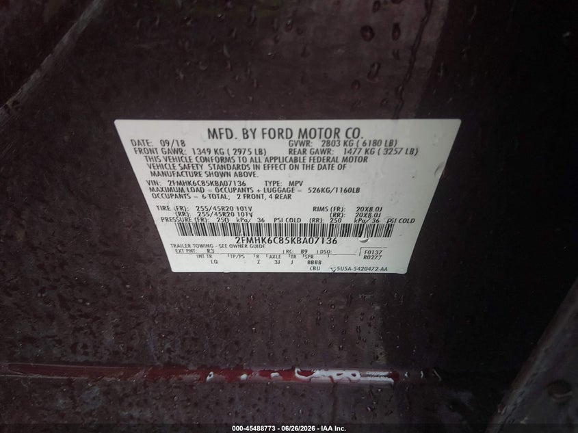 2019 Ford Flex Sel VIN: 2FMHK6C85KBA07136 Lot: 45488773