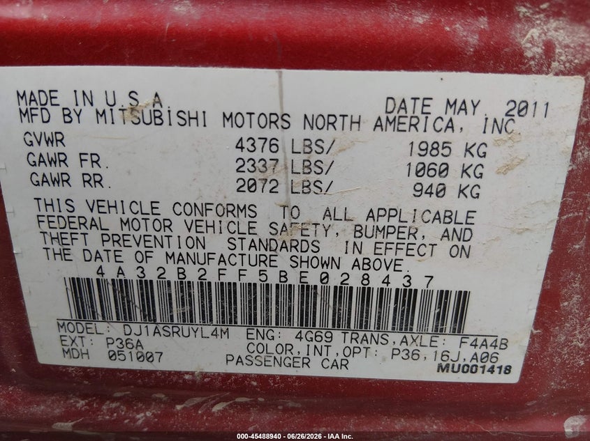 2011 Mitsubishi Galant Fe VIN: 4A32B2FF5BE028437 Lot: 45488940