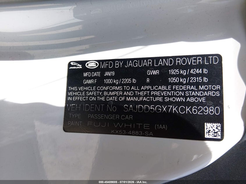 2019 Jaguar F-Type P300 VIN: SAJDD5GX7KCK62980 Lot: 45489005