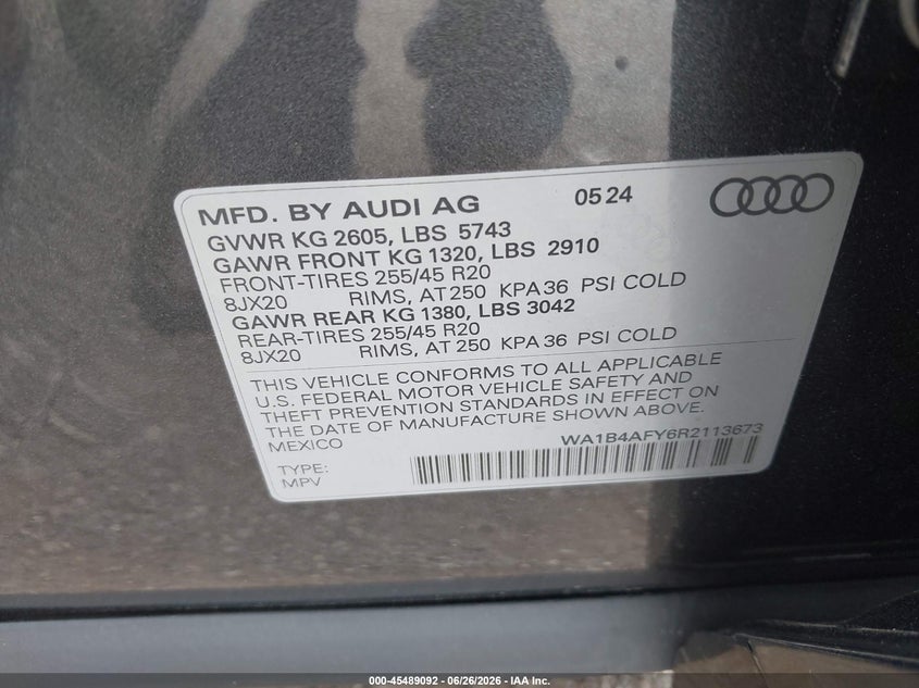 2024 Audi Sq5 Premium Plus Tfsi Quattro Tiptronic VIN: WA1B4AFY6R2113673 Lot: 45489092