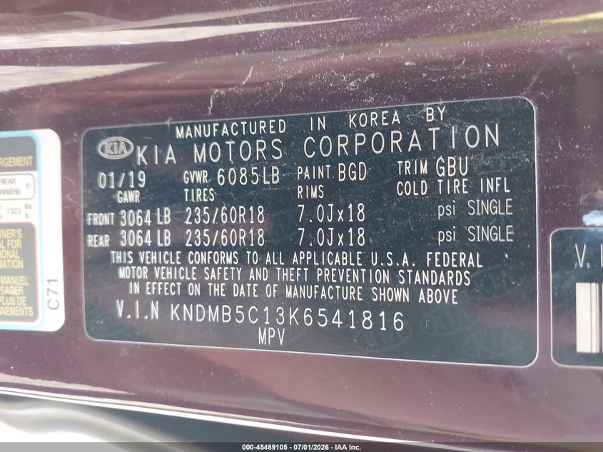 2019 Kia Sedona Ex VIN: KNDMB5C13K6541816 Lot: 45489105