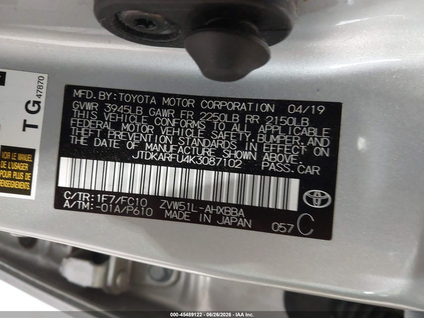TOYOTA PRIUS 2019 VIN JTDKARFU4K3087102