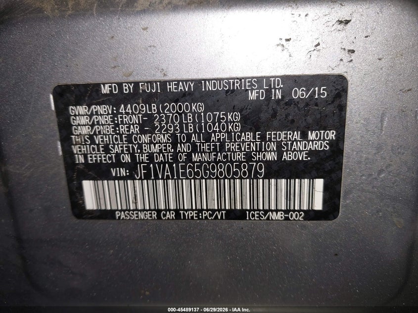 2016 Subaru Wrx Premium VIN: JF1VA1E65G9805879 Lot: 45489137