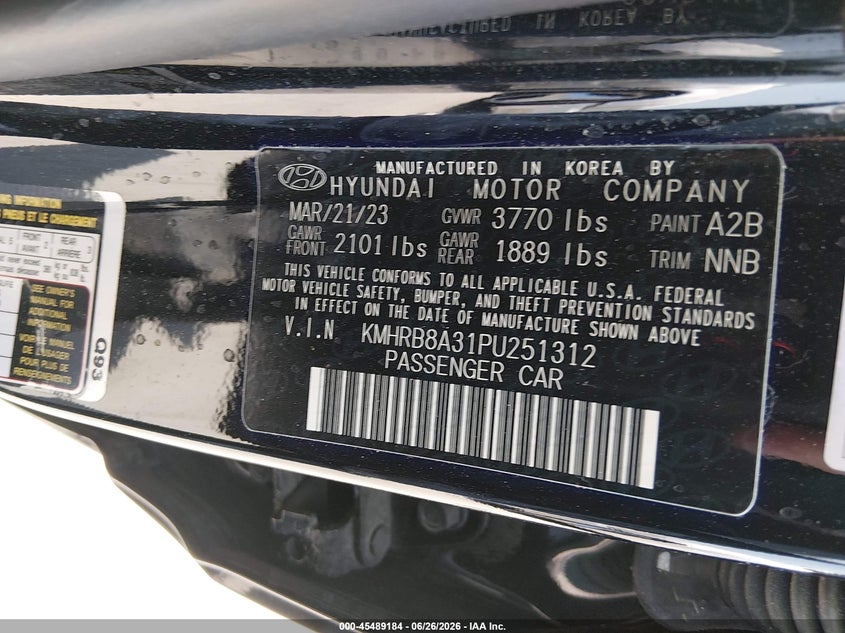 2023 Hyundai Venue Se VIN: KMHRB8A31PU251312 Lot: 45489184