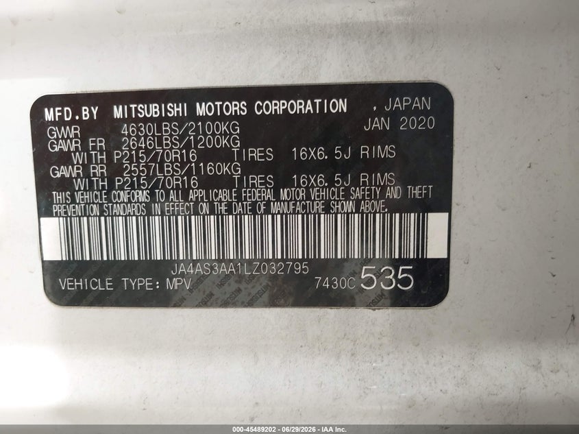 2020 Mitsubishi Eclipse Cross Es 1.5T VIN: JA4AS3AA1LZ032795 Lot: 45489202