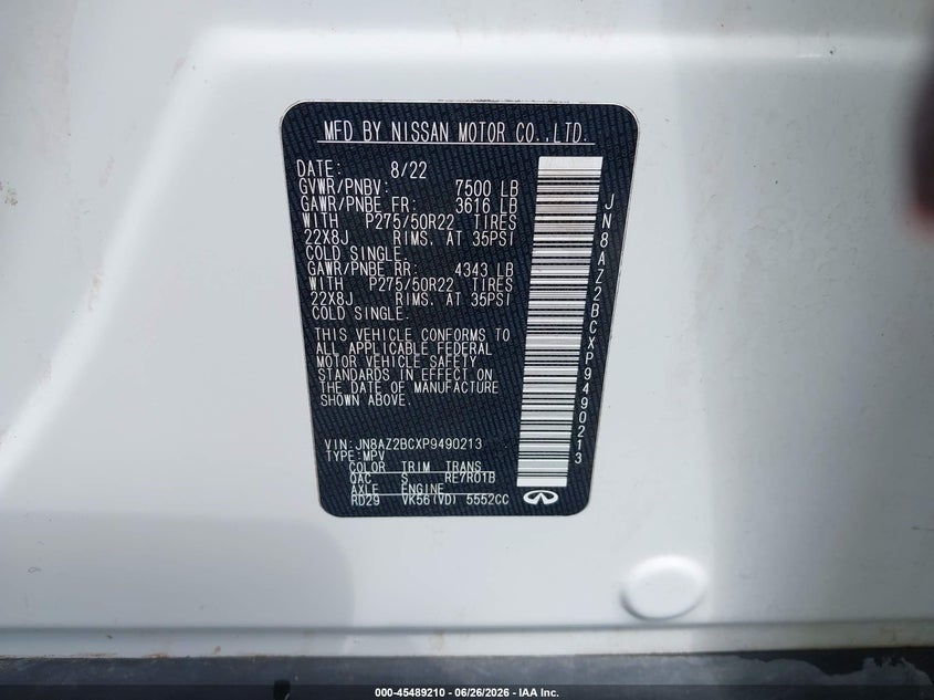 2023 Infiniti Qx80 Sensory Awd VIN: JN8AZ2BCXP9490213 Lot: 45489210