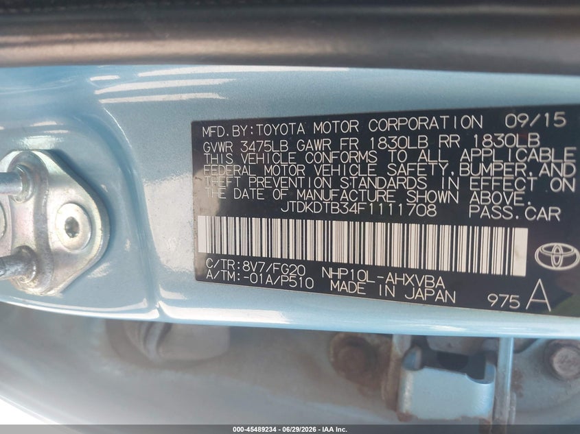 2015 Toyota Prius C Two VIN: JTDKDTB34F1111708 Lot: 45489234