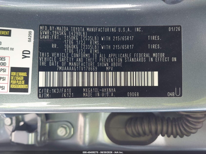 2026 Toyota Corolla Cross L VIN: 7MUAAAAG1TV178669 Lot: 45489270