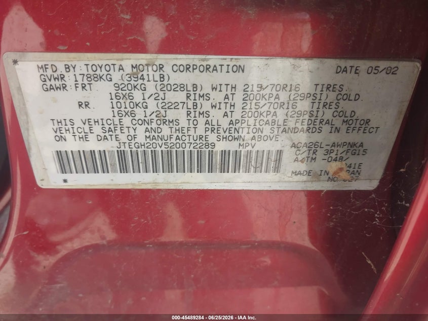 2002 TOYOTA RAV 4 SPORT UTILITY VEHICLE 2.0L I-4 DOHC, VVT, 148HP