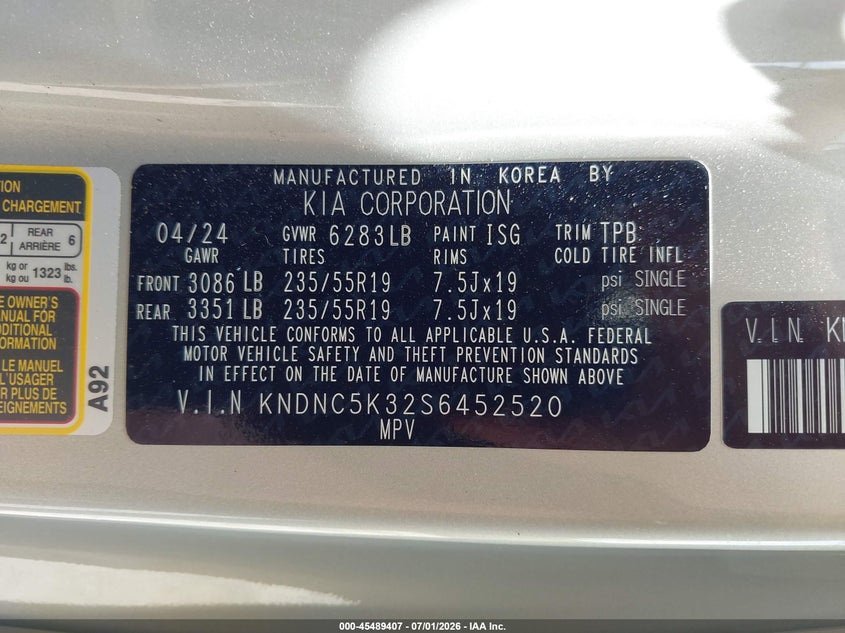 2025 Kia Carnival Mpv Ex VIN: KNDNC5K32S6452520 Lot: 45489407