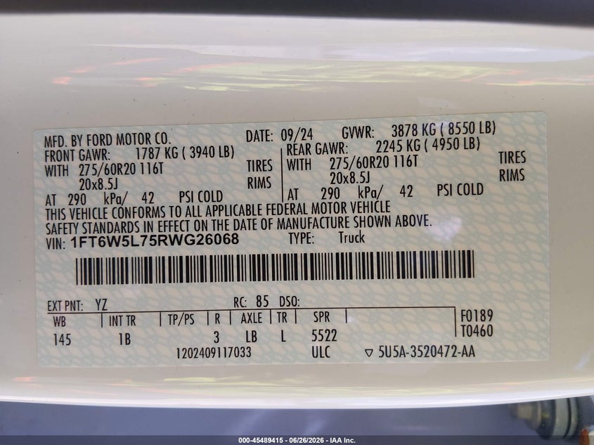 FORD F-150 LIGHTNING 2024 VIN 1FT6W5L75RWG26068