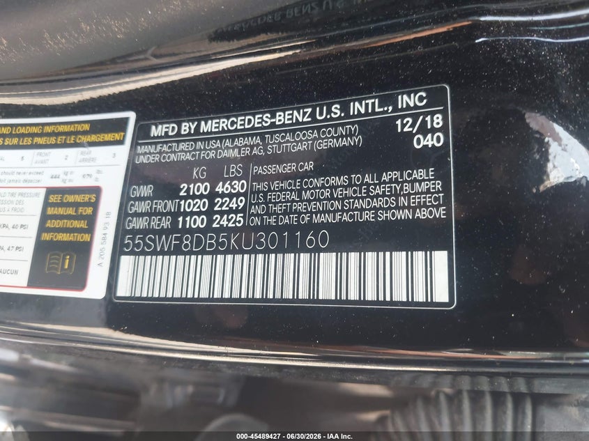 MERCEDES-BENZ C 300 2019 VIN 55SWF8DB5KU301160