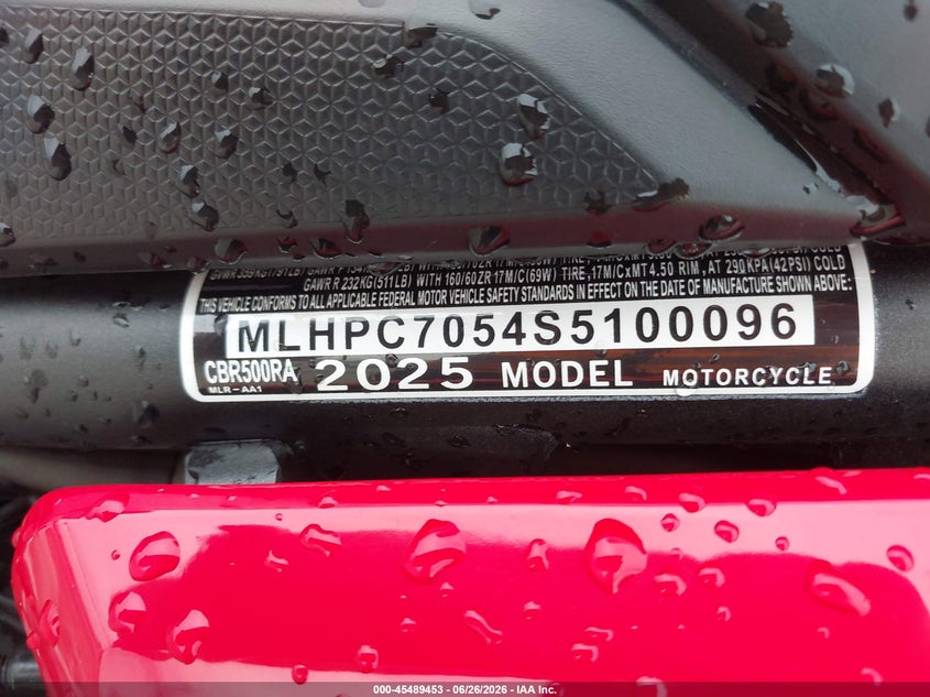 2025 Honda Cbr500 Ra VIN: MLHPC7054S5100096 Lot: 45489453