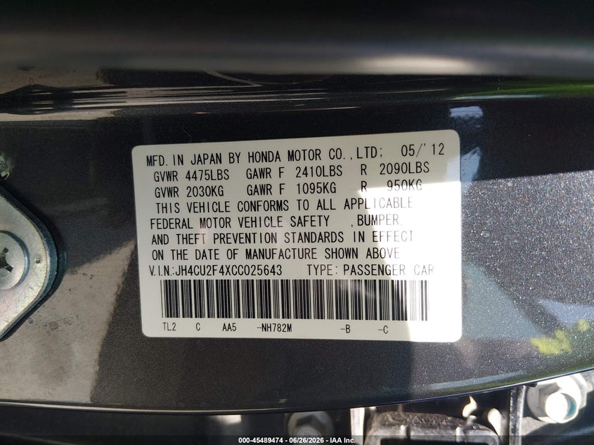 2012 Acura Tsx 2.4 VIN: JH4CU2F4XCC025643 Lot: 45489474