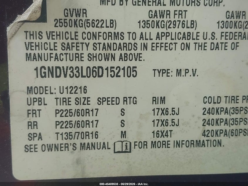 2006 Chevrolet Uplander Lt W/2Lt/Lt W/3Lt VIN: 1GNDV33106D152105 Lot: 45489538