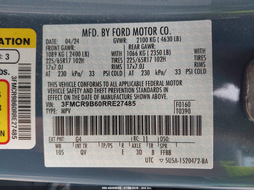 2024 Ford Bronco Sport Big Bend VIN: 3FMCR9B60RRE27485 Lot: 45489558