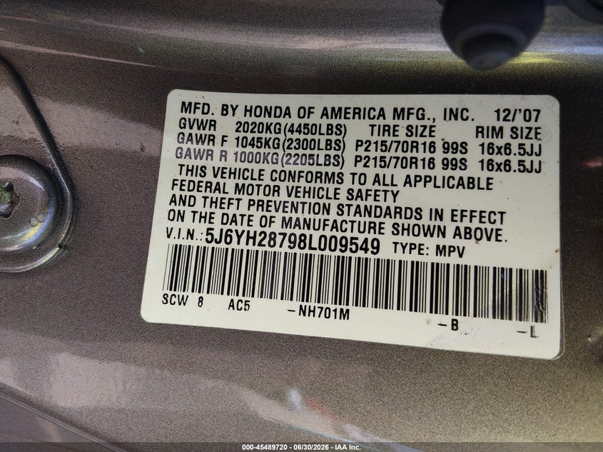 2008 Honda Element Ex VIN: 5J6YH28798L009549 Lot: 45489720