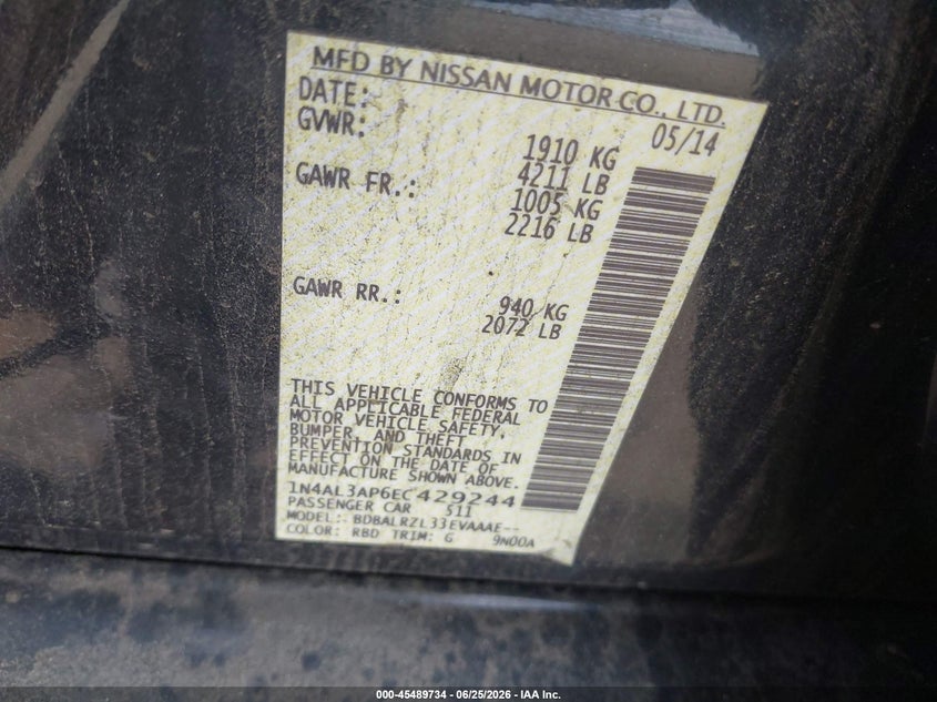 NISSAN ALTIMA 2014 VIN 1N4AL3AP6EC429244