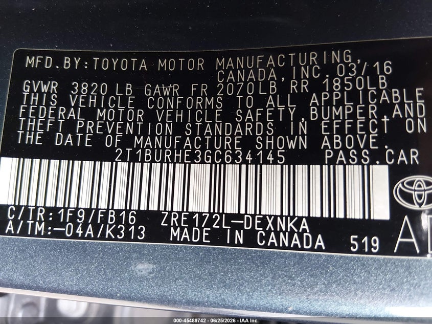 2016 TOYOTA COROLLA SEDAN 1.8L I-4 DOHC, VVT, 132HP