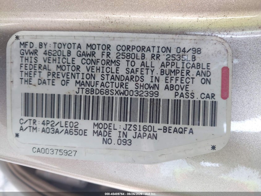 1998 Lexus Gs 300 VIN: JT8BD68SXW0032399 Lot: 45489764