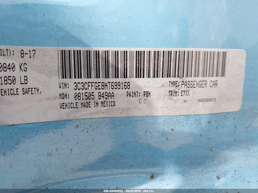2017 Fiat 500E Battery Electric VIN: 3C3CFFGE8HT699168 Lot: 45489892