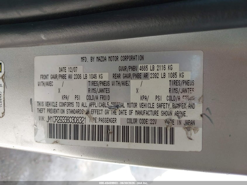 2008 Mazda Mazda5 Sport VIN: JM1CR293380308321 Lot: 45489903
