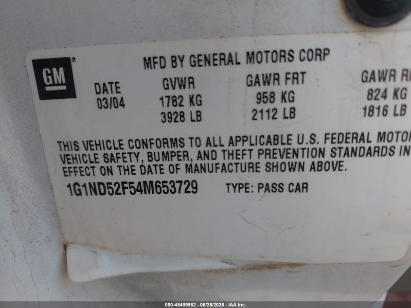 2004 Chevrolet Classic VIN: 1G1ND52F54M653729 Lot: 45489982