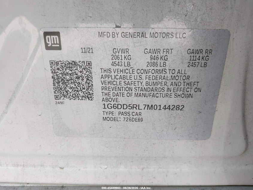 2021 Cadillac Ct4 V-Series VIN: 1G6DD5RL7M0144282 Lot: 45489983